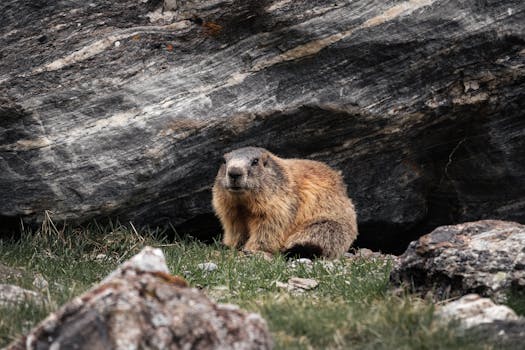 Close-up of a wild alpine marmot in Tirol, Austria, against a rocky backdrop.