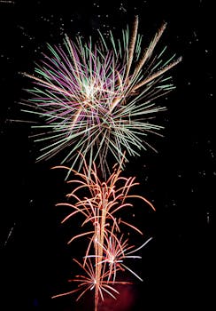 Colorful fireworks exploding in the night sky, creating a festive atmosphere.