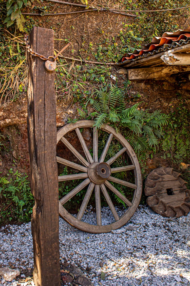 Rustic Wagon Wheel Against Brown Rock