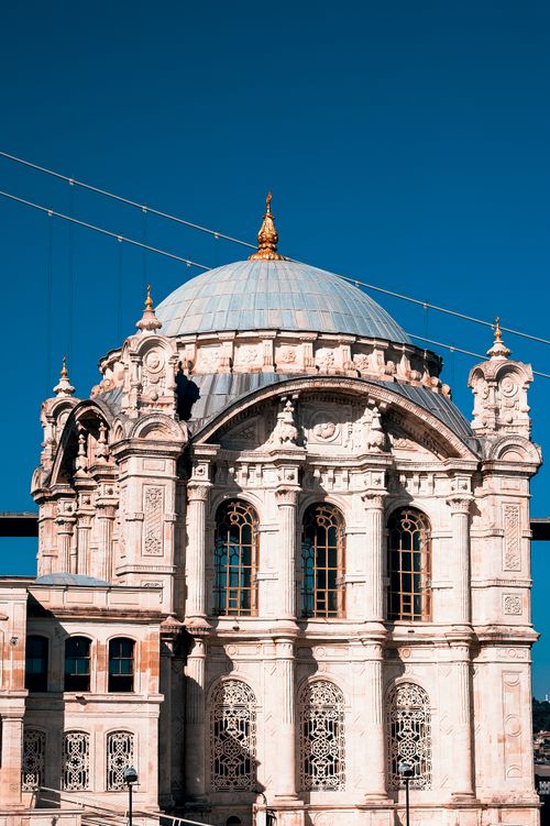 Free Stunning view of a Baroque Revival mosque in Istanbul showcasing intricate architecture and a majestic dome against a blue sky. Stock Photo