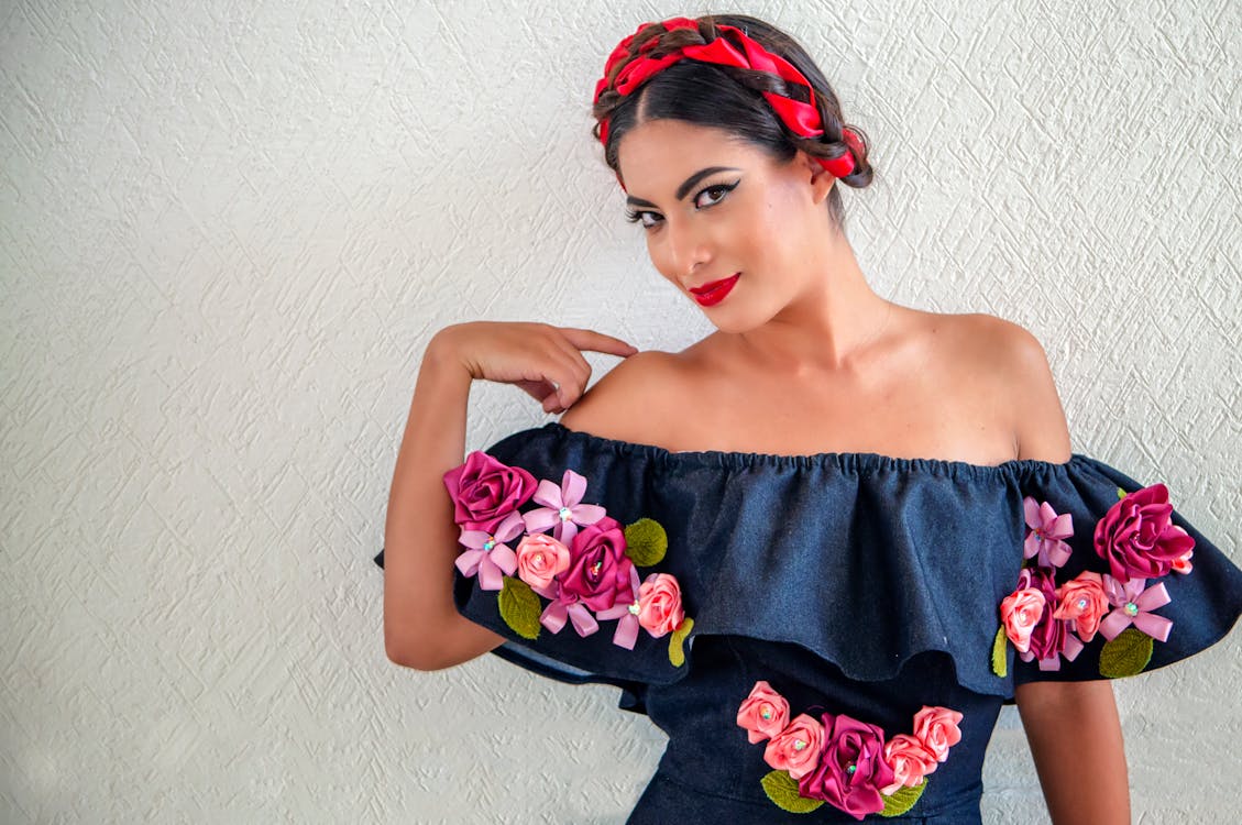 Beautiful Woman Wearing Floral Off Shoulder Blouse