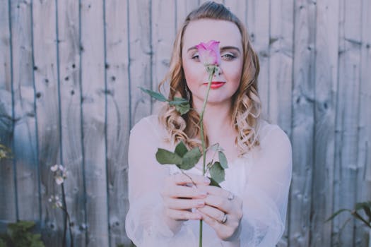 木栅栏前，一名手持粉红色玫瑰的金发女子，在柔和温暖的色调中留下肖像