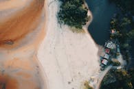 这张鸟瞰图风景优美，展现了沙质河岸、郁郁葱葱的绿色植物和质朴的建筑，是在日光下拍摄的