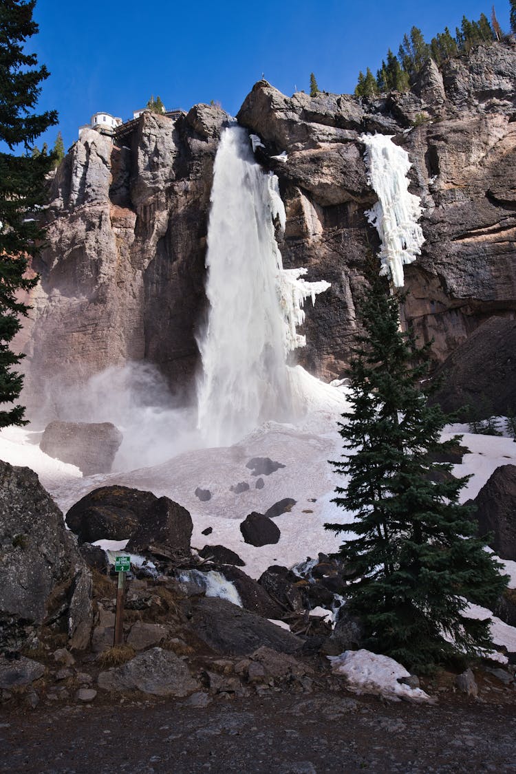 Frozen Waterfall And Glacier In Rocky Mountains