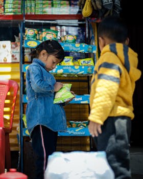 Two children selecting snack bags from a street shop in India. Vibrant and candid moment.