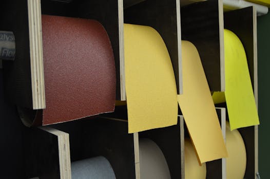 Close-up of colorful sandpaper rolls in an organized storage setup, showcasing different textures.