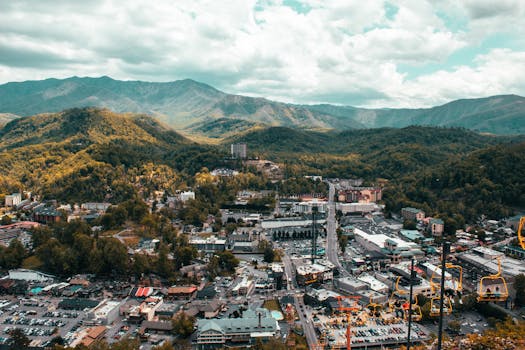Explore the vibrant cityscape of Pigeon Forge with mountain backdrop from a captivating aerial view.