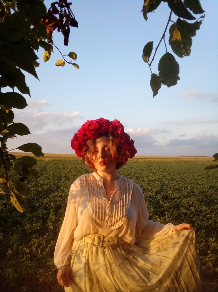 Beautiful Woman With Red Flower Headband 