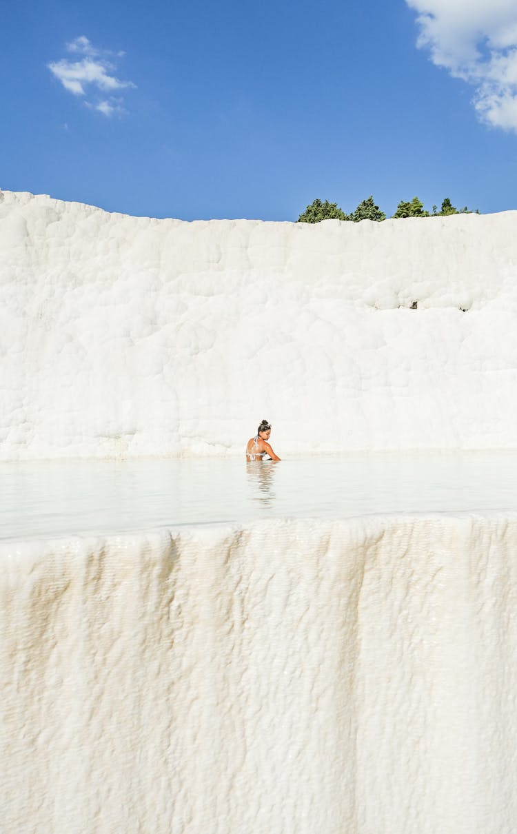 Woman Bathing In Pamukkale Travertine Terraces Pools 