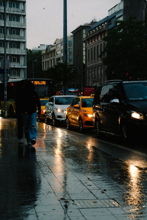 Street and Sidewalk in City in Turkey in Rain