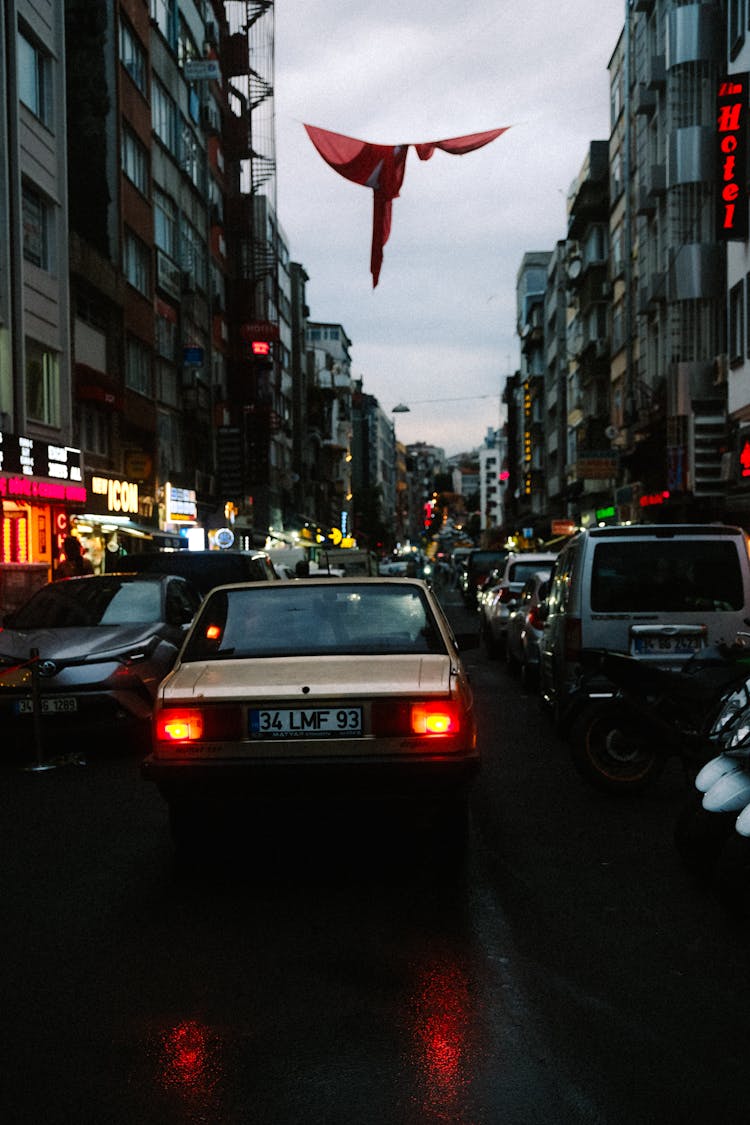 Traffic Jam On A Busy Street On Downtown