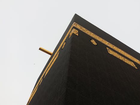 Close-up view of the Kaaba in Mecca, showcasing its intricate gold details against a clear sky.