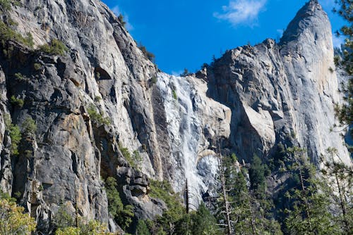 A Rock Formation with Green Trees Under the Blue Sky