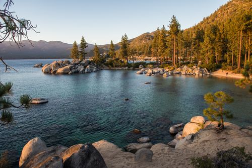 Free Tranquil lakeside scene at sunset featuring pine trees and rocky shoreline, perfect for nature lovers. Stock Photo