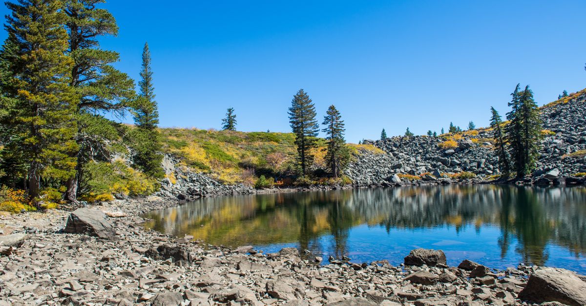 Beautiful mountain lake with clear blue sky, rocky shores, and lush trees reflecting on calm water.