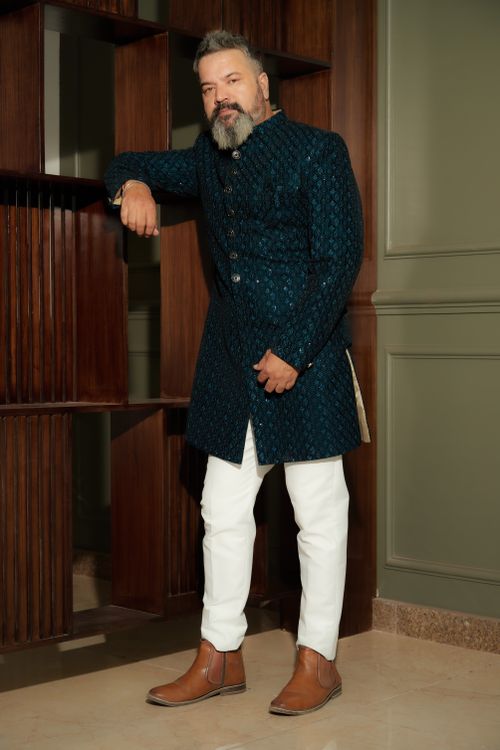 Navy Blue Sherwani Suit by Manyavar