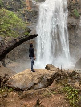 A man stands on a rock, gazing up at a towering waterfall amidst a lush landscape.