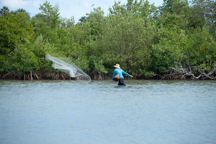 A Fisherman Casting A Fishing Net