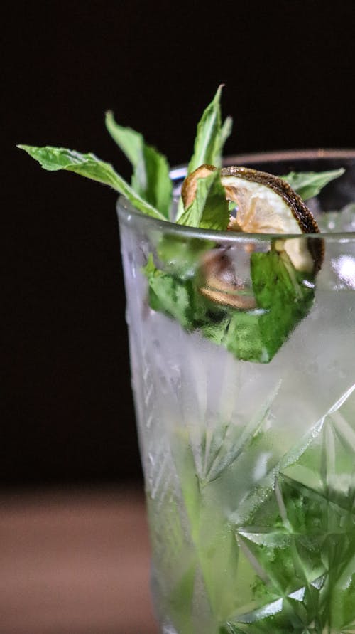 A Glass of Cold Drink with a Slice of Dried of Lemon and Green Herbs