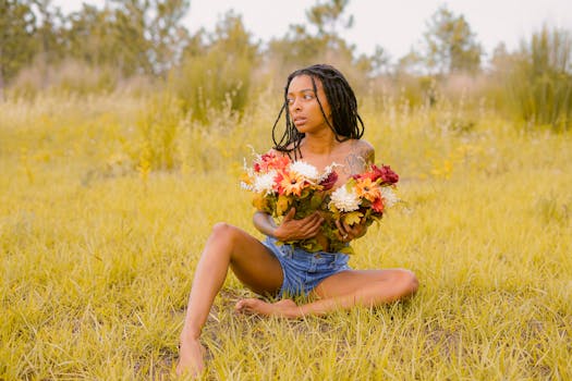 A young woman with braided hair holding flowers sits in a grassy field.
