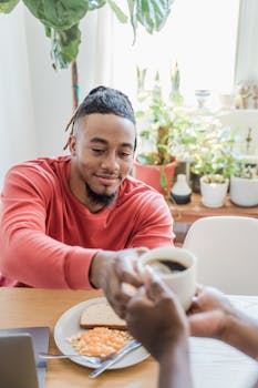 Man enjoying breakfast with coffee in a cozy dining room. Perfect morning.