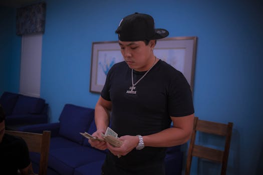 Man in casual attire counts dollar bills in a cozy room setting.