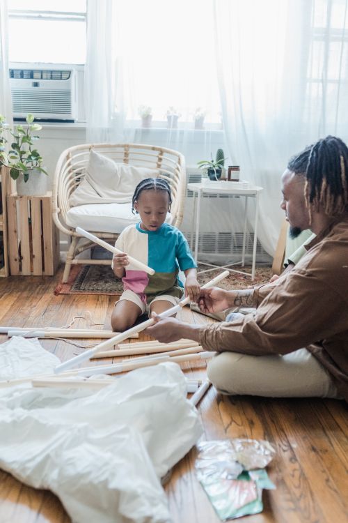 Free A father and daughter assemble furniture in a bright, cozy room with plants. Stock Photo