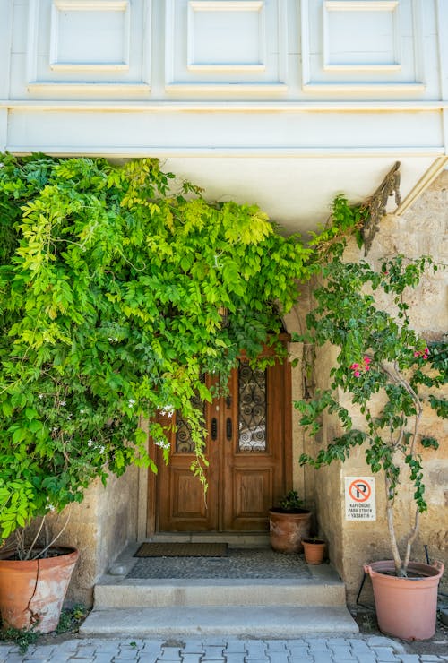 House Entrance with Potted Plants under a Balcony