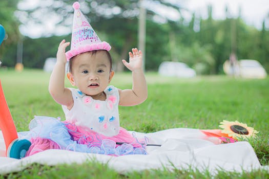 Cute baby girl in party hat celebrating her birthday outdoors with a joyful smile.