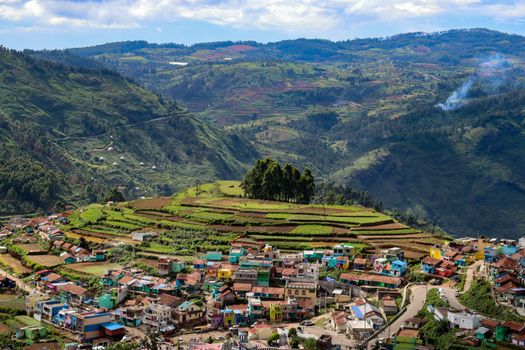A breathtaking aerial shot of Kodaikanal's lush countryside and colorful village, depicting serene rural life.