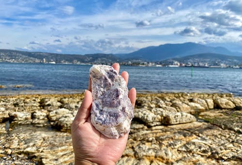 Hand Holding Stone against Seascape