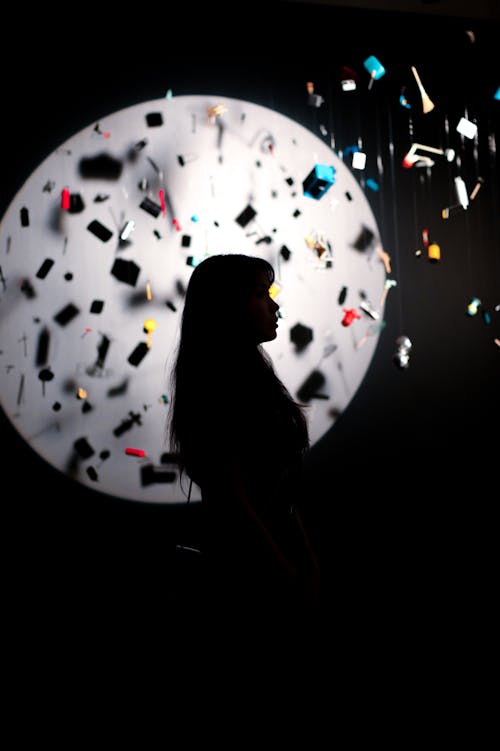 Silhouette of a Woman Standing Under Hanging Items in a Dark Room
