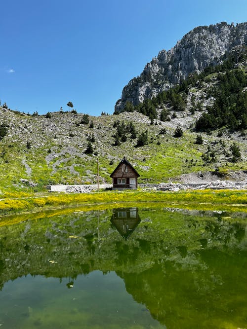 Brown Wooden House on a Green Grass Field Near a Lake