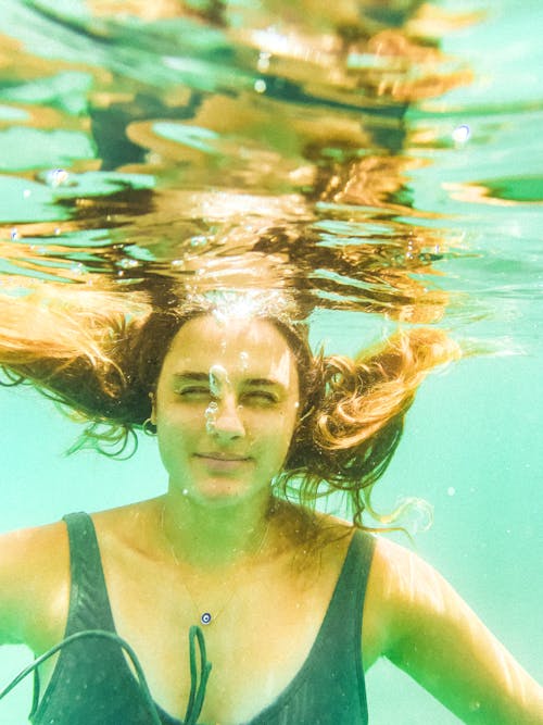 Woman in Black Swimsuit under Water