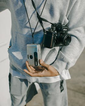 Close-up of a person in a hoodie holding both analog and digital cameras outdoors.