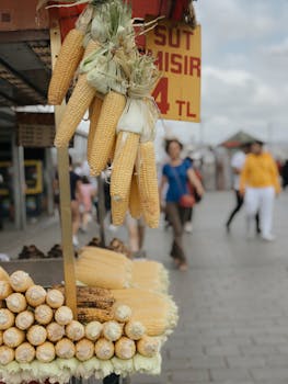 Vibrant street food scene with fresh corn for sale at 14 TL in Istanbul, Turkey.
