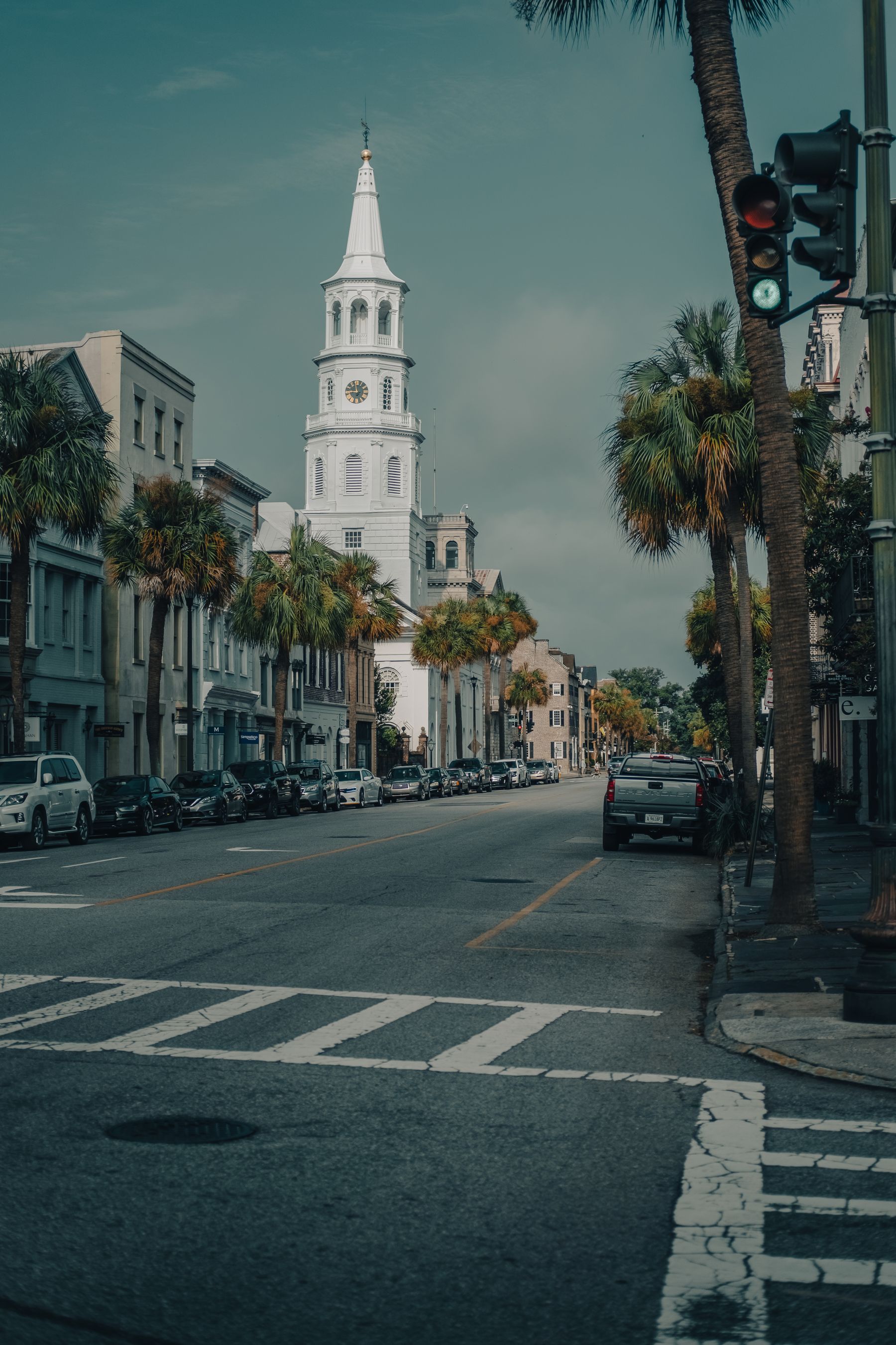 St. Michael's Episcopal Church and historic streetscape in Charleston, South Carolina.