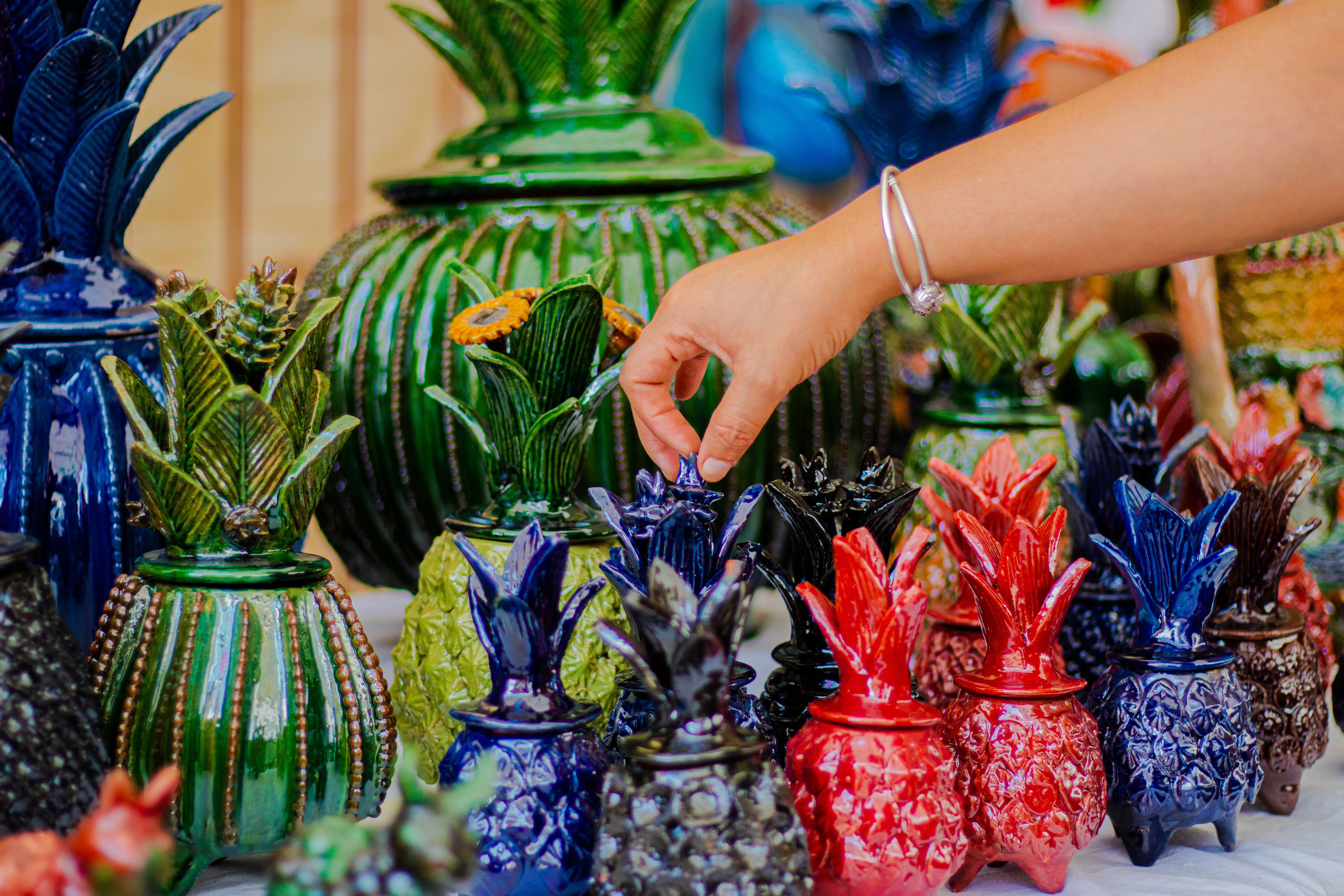 Hand-painted Talavera pottery plates and bowls from Puebla, Mexico