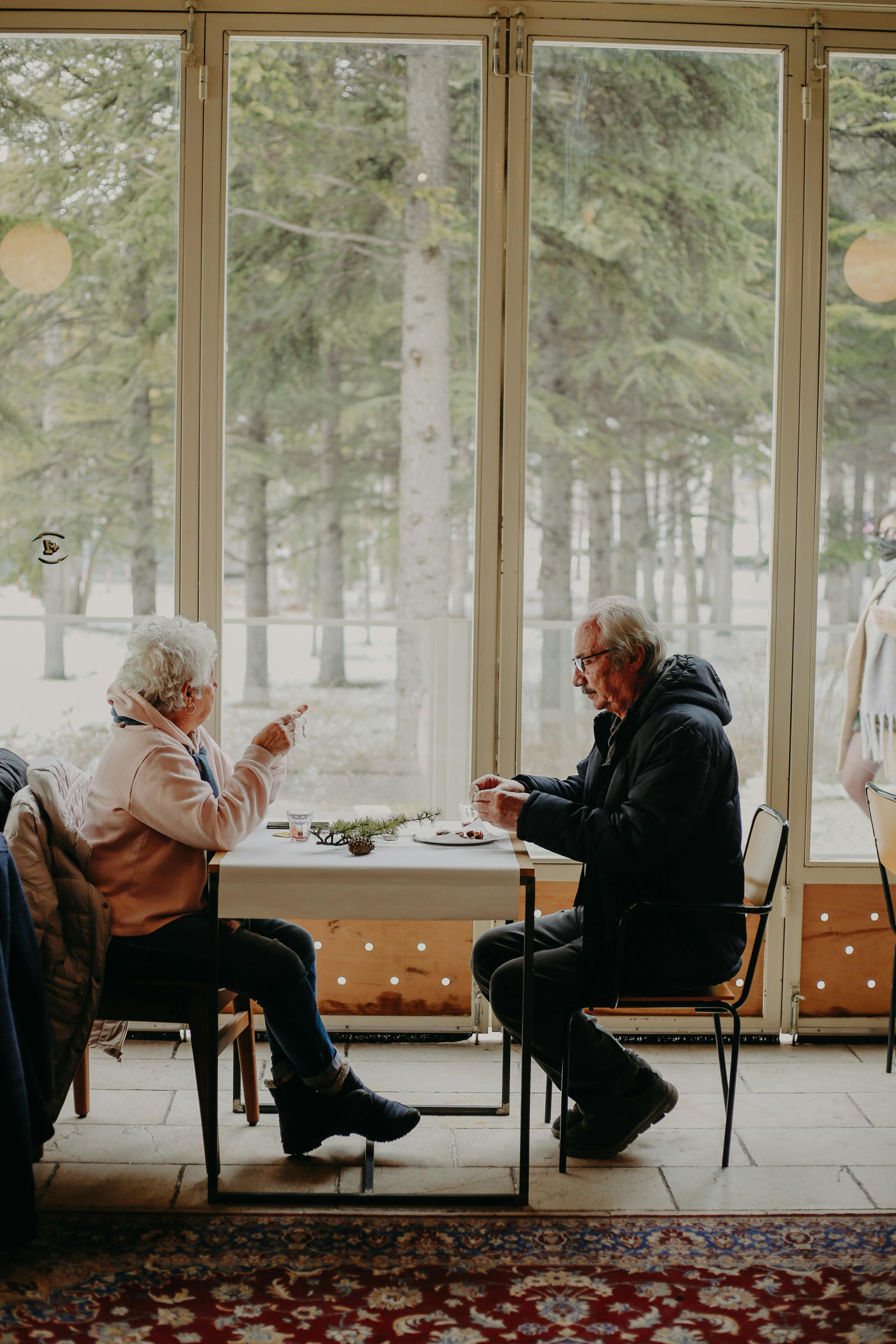 Senior couple enjoying a meal together in a cozy, elegant restaurant with a view.