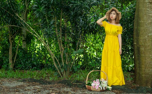 grátis Mulher Usando Vestido Amarelo Ao Lado Da Cesta Com Flores Foto profissional