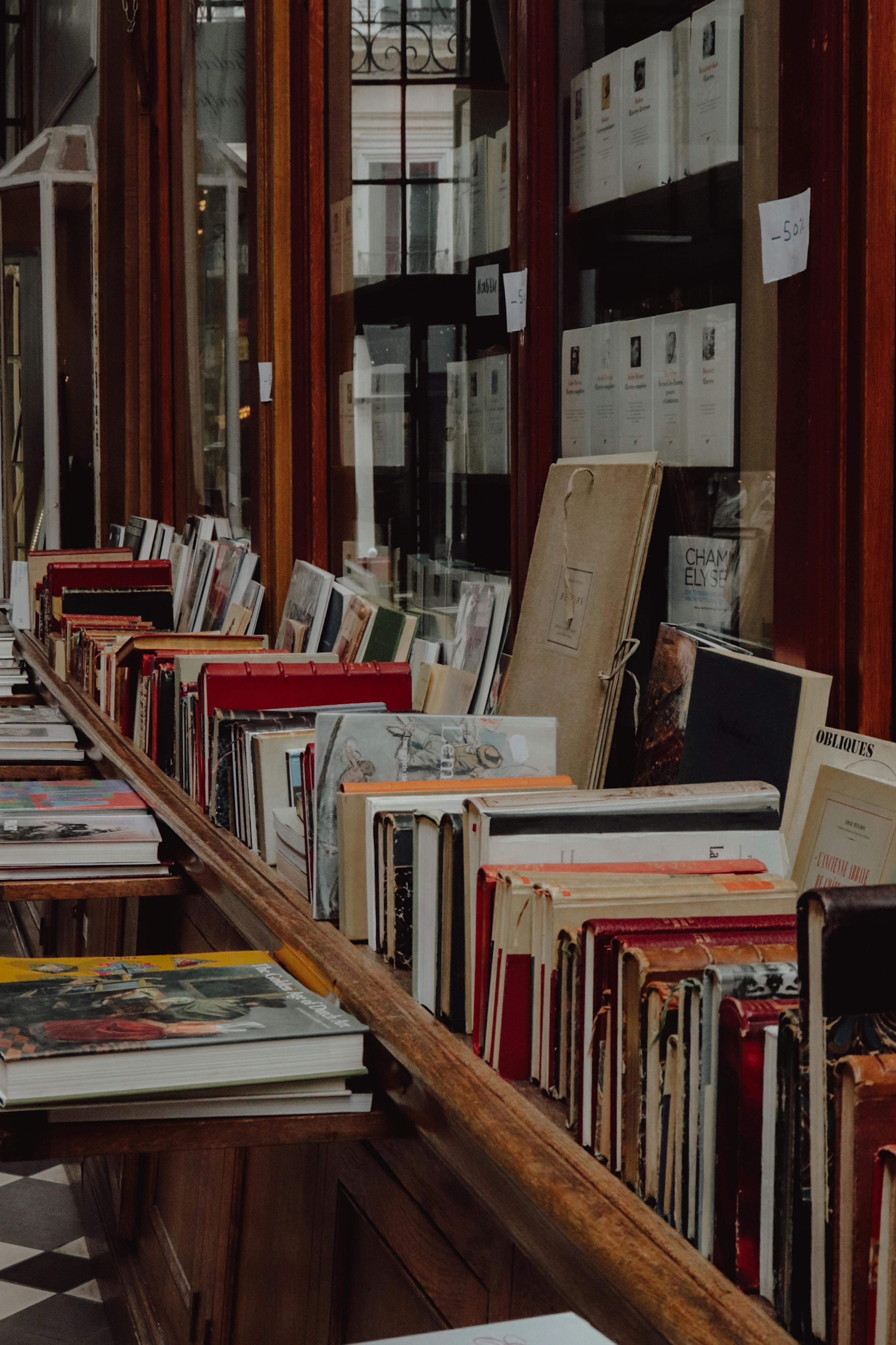 Elegant display of books in a Paris bookstore, showcasing literary charm.