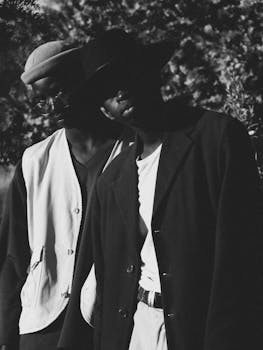 Elegant black and white portrait of two men in stylish attire captured in Wedela, South Africa.