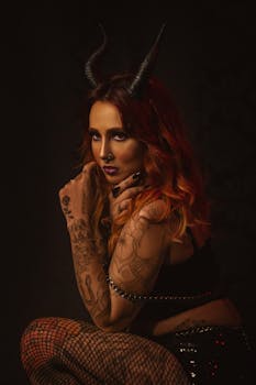 Tattooed woman with horns posing in a studio setting. Dark, edgy aesthetic with red hair and fishnet stockings.
