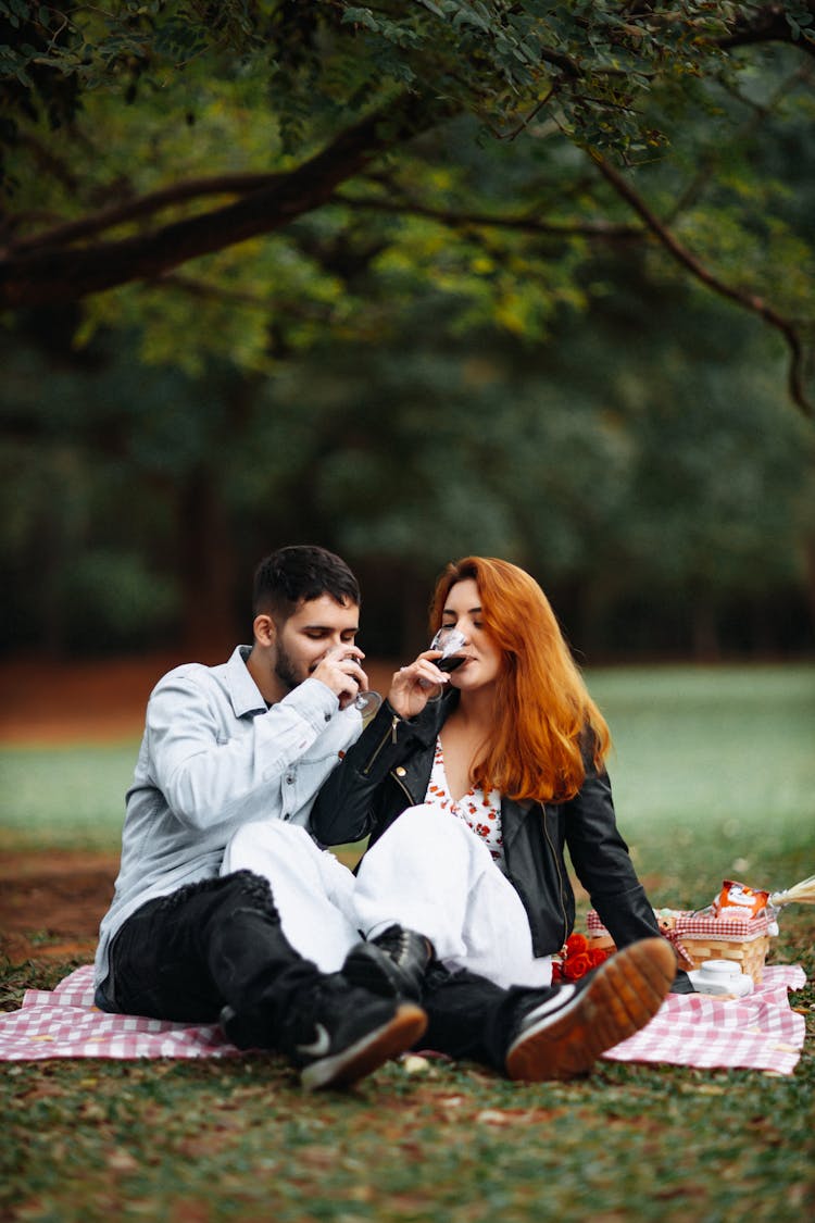 Couple Drinking Wine At A Picnic