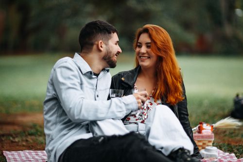 Free Happy couple enjoying a romantic picnic outdoors with wine and smiles. Stock Photo