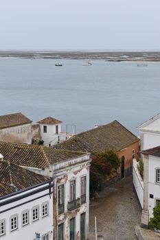 Aerial view of a charming town with traditional buildings by the coastline.