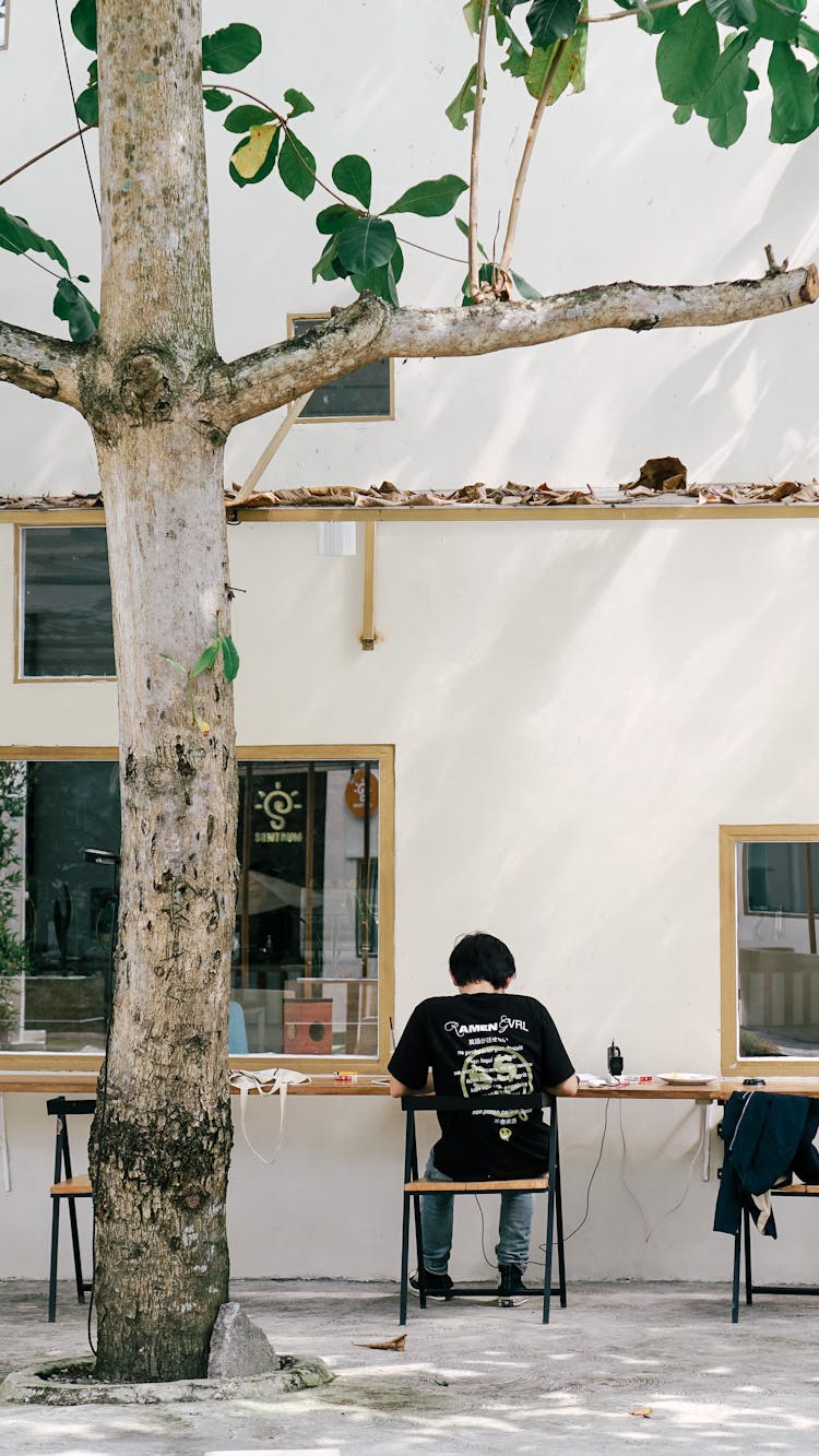 Back View Of A Person Sitting Outside A Building