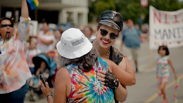 街头游行色彩缤纷，人们在户外庆祝、拥抱