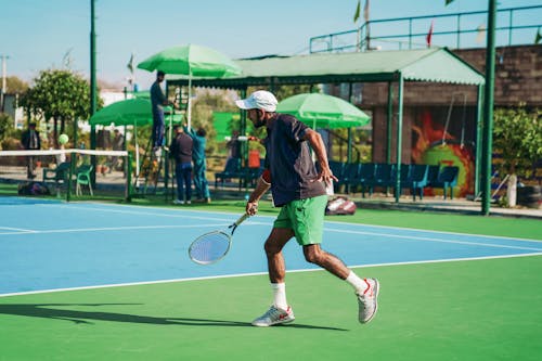 A Man in White Cap Playing Tennis