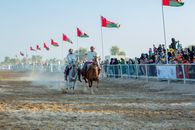 Vibrant horse race capturing jockeys competing amidst cheering crowds and waving flags.